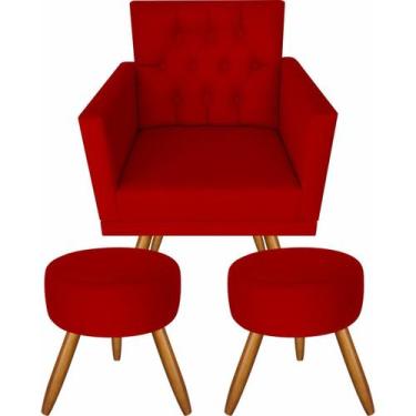 Imagem de Poltrona Decorativa Cadeira Larah Capitonê Vermelho E 2 Pufs - VISALAR