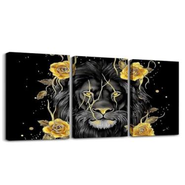 Imagem de jejeloiu Arte de parede em tela rosa e leão dourado para sala de estar, quarto, meninos, meninas, 30,5 x 40,6 x 3 peças, estampa de animal selvagem, decoração de parede, leão preto para decoração de