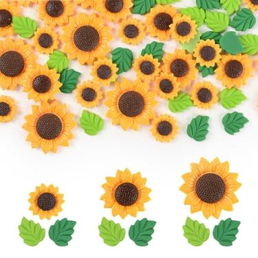 Imagem de Hanycon 100 peças de girassóis de resina, pequenas folhas artificiais, girassóis e folhas planas para casa, casa, mercearia, fotografia, decoração de festa