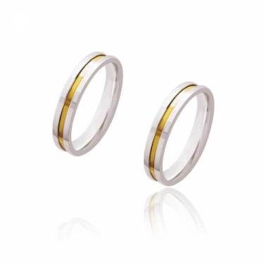 Imagem de Par de Alianças de Noivado Dali Prata Reta com Friso de Ouro 4mm 12,9g