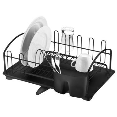 Imagem de Escorredor De Louças Porta Talheres Pratos Com Bandeja Preto Fosco - 1