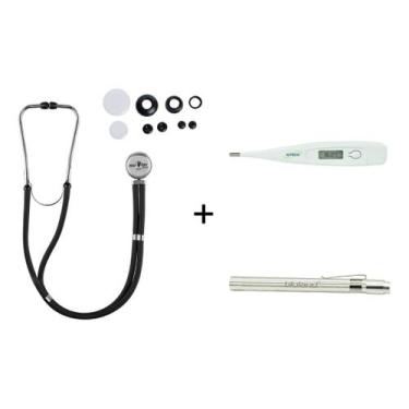 Imagem de Estetoscópio Rappaport Duplo Preto + Termometro Axilar Digital Branco 