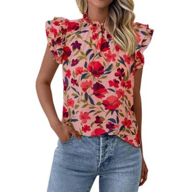 Imagem de Blusa feminina PRETTYGARDEN com babados, manga curta, chiffon, vermelh