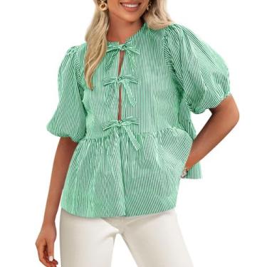 Imagem de Blusa feminina PRETTYGARDEN com gravata frontal listrada verde tamanho