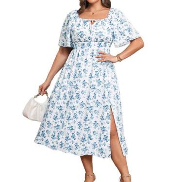 Imagem de Vestido Pinup Fashion Summer Sun 2025 Plus Size Floral Azul