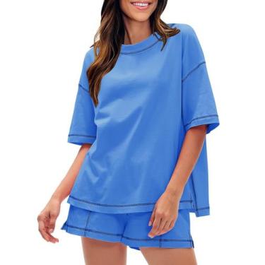 Imagem de Conjunto de 2 peças EXLURA, casual de verão, 100% algodão, azul