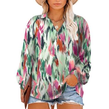 Imagem de Blusa feminina Eytino plus size boho abstrata com decote em V 1X rosa