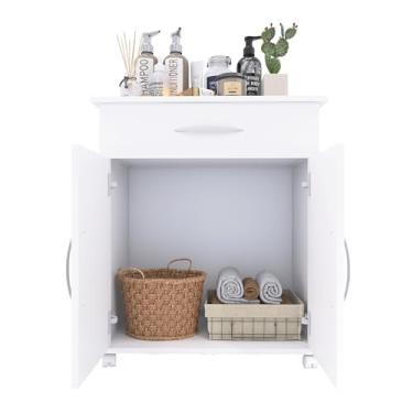 Imagem de Armário de Cozinha Multiuso com Rodízios, Branco, 1 Gaveta e 2 Portas, Organizador para Microondas e Eletrodomésticos