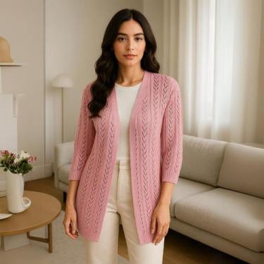 Imagem de Cardigan Leve Feminino Vazado Tricot com Manga Casual de Meia Estação 