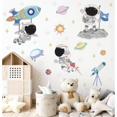 Imagem de Adesivo De Parede Astronautas Foguete Luneta Galáxia Estrela Meia Lua 