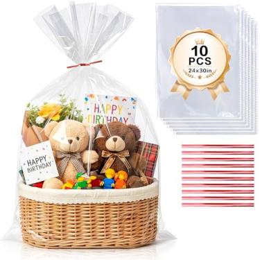Imagem de Ableme Deco Sacos transparentes para cesta, pacote com 10, embalagem transparente de celofane para presente, 61 cm x 76 cm, sacos de cesta de Páscoa de 2 mm de espessura (10)