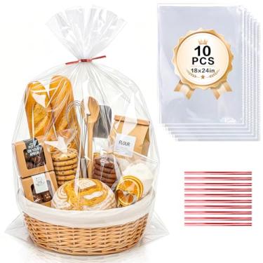 Imagem de Ableme Deco Sacos de cesta transparente, pacote com 10, embalagem transparente de celofane para presente, 45,7 cm x 61 cm sacos de cesta de Páscoa de 2 mm de espessura (10)