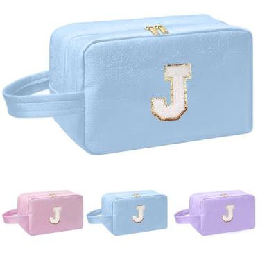 Imagem de I IHAYNER Bolsa de maquiagem inicial para mulheres, presentes de aniversário para meninas de 4, 5, 6, 7, 8, 9, 10, 11, 13, 14 anos, bolsa de cosméticos, bolsa de higiene pessoal, Azul, J, J