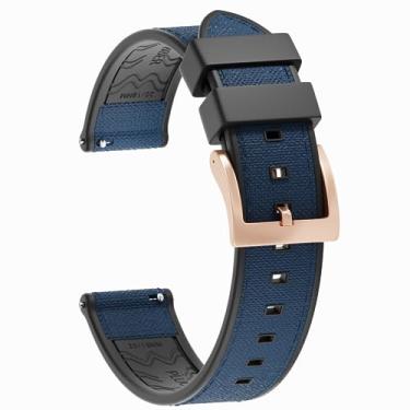 Imagem de JWNSPA FKM/FPM Pulseira de relógio híbrida de borracha e nylon impermeável - 20 mm 22 mm de substituição de liberação rápida - pulseira de fivela prata/preto/ouro rosa/ouro para homens e mulheres (20