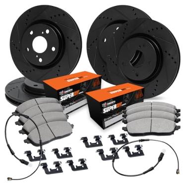 Imagem de R1 Concepts Rotores de freio dianteiros traseiros da série eLine perfurados e ranhurados pretos com pastilhas OEP, kit de ferragens e fio do sensor compatíveis com Dodge Sprinter 3500 2006