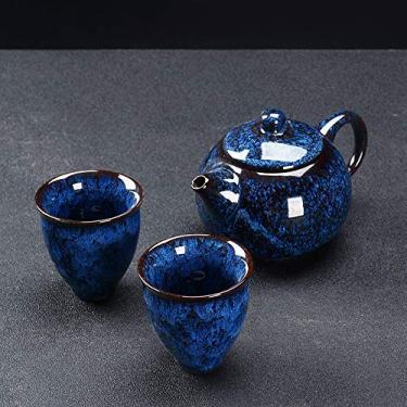 Imagem de Conjunto de bule de cerâmica chaleira de cerâmica copo rápido um pote duas xícaras duas simples troca de forno Tianmu Glaze estojo de transporte viagem Kung Fu conjunto de chá, Zha