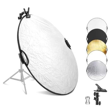 Imagem de NEEWER Refletor de luz de 110 cm com braçadeira e pegas, refletor de fotografia dobrável multidisco 5 em 1 translúcido/prata/ouro/branco/preto com rosca de 3/8" para estúdio iluminação externa