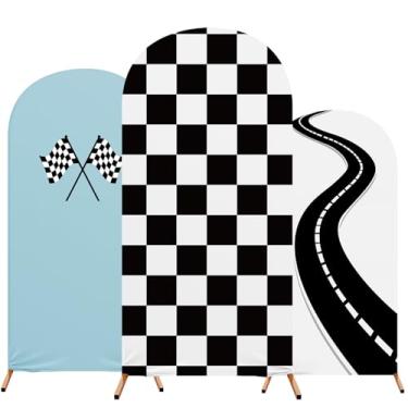 Imagem de RimCereal Pacote com 3 capas de pano de fundo de arco de carro de corrida com tema de corrida de 1,2 m, 1,5 m, 1,8 m, preto e branco, capa de arco de elastano quadriculada para decoração de