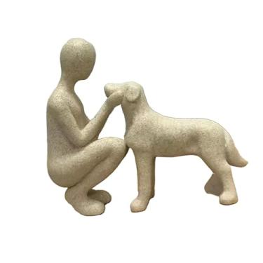 Imagem de Generic Estátua de homem e cachorro, ornamento de mesa, escultura de cachorro humano colecionável, estatueta para sala de estar, escritório, fazenda, café, Bege