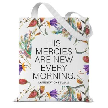 Imagem de Sacola de lona cristã para mulheres, meninas, versículo bíblico, lamentações 3:23, His Mercies are New Every Morning Scripture, bolsa de ombro reutilizável para compras e viagens de supermercado
