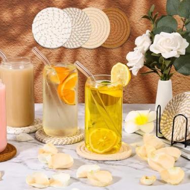 Imagem de Porta-copos de corda de algodão tecido à mão, tapete de mesa de cozinha resistente ao calor, jogo americano redondo de algodão para jantar, xícara de café e protetor de panela