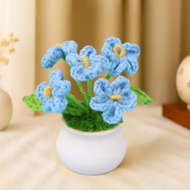 Imagem de Plantas em vaso de crochê, mini decoração de malha para casa/escritório/presentes, decoração de mesa ecológica, flores azuis Forget Me Not (5)