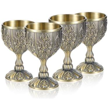 Imagem de 4 peças de cálice pequeno feito à mão de 20 ml, mini copo de licor de vinho com gravação vintage, cálice medieval, copos de vinho, copos resistentes para casamentos, decoração de casa, bênçãos