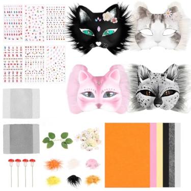 Imagem de Kit de máscara DIY para festa à fantasia, kit de material de máscara de gato em branco com tiras de pele sintética, lençóis de malha de tecido de feltro para festa de cosplay de Halloween