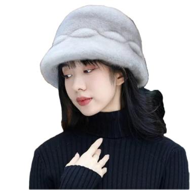 Imagem de Chapéu feminino elegante de pelúcia quente chapéu coreano casual chapéu de pescador espesso de inverno cinza P