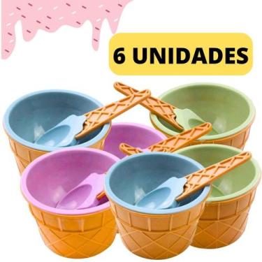 Imagem de Kit 6 Potes de Sobremesas Casquinha de Sorvete Tigelas Com 6 Colheres 