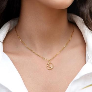 Imagem de Colares do zodíaco para mulheres, pingente de moeda banhado a ouro com joias de zircão, pingentes delicados de astrologia, horóscopo, pingente de aço inoxidável, presente personalizado de aniversário