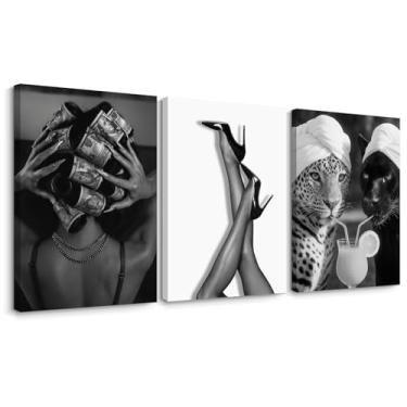 Imagem de Arte de parede de leopardo preto e branco na moda decoração de parede em tela de guepardo moda pôster de coquetel imagens de chita estampas elegantes pintura de salto para banheiro quarto 40 x 61