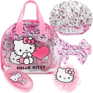 Imagem de Get Trend Conjunto de acessórios de chuveiro Hello Kitty Sanrio, bolsa de higiene kawaii para meninas, adolescentes, mulheres com touca de banho, esponja de banho, presentes (rosa Hello Kitty)