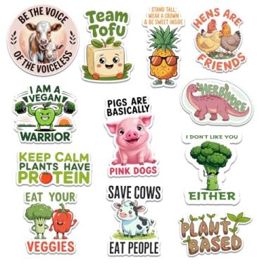 Imagem de 12 adesivos veganos, citações engraçadas baseadas em plantas, humor salvam animais, designs fofos de vegetais e animais, decalques de vinil à prova d'água para laptops, garrafas de água, Hydro Flask