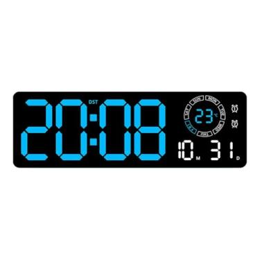 Imagem de Fenteer Relógio de parede digital, despertador de mesa, visor LED grande, formato 12/24 horas, 2 alarmes, design retangular moderno para decoração de, Luz Azul