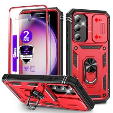 Imagem de Capa para Galaxy S23 FE com controle deslizante para câmera, 2 películas de vidro temperado, suporte de anel giratório de 360°, capa protetora de grau militar para Samsung S23 FE-vermelho/preto