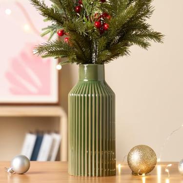 Imagem de STHIE Vaso de flores de cerâmica verde, decoração moderna de casa de fazenda, pequenos buquês, vasos de grama dos pampas para decoração, esmalte reativo em relevo, prateleira de mesa, centros de mesa