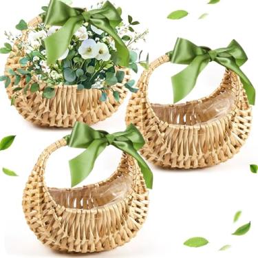Imagem de Taiyin Cesta de vime de palha pequena de vime de flor de vime com alça ideal para casamento, piquenique, armazenamento de jardim e decoração de casa (fita verde)