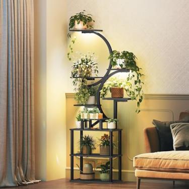 Imagem de YATINEY Estante de livros de 9 camadas com luz LED, estante em forma de S, prateleira de armazenamento de 168 cm de altura, prateleira de canto industrial para sala de estar, estudo, quarto, preto