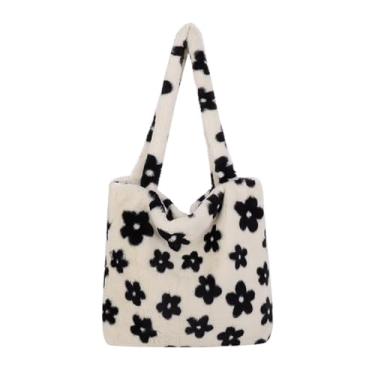 Imagem de Bolsa de pelúcia nas axilas, bolsa de ombro fofa feminina, bolsa de ombro feminina com flores peludas, bolsa de pelúcia Y2K para outono e inverno, A01 - flor preta - grande
