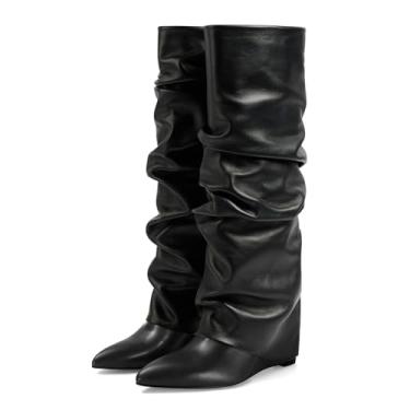 Imagem de MICIFA Botas femininas dobráveis, cano alto, cano baixo, salto cunha sem fecho, bico fino, cano largo, sapatos altos pretos, Preto, 36