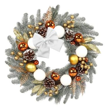 Imagem de Guirlandas de Natal para decoração externa da porta da frente, enfeites de bola de pinheiro de 50,8 cm, decorações de guirlanda artificial de inverno com laço para Natal, férias, casa, porta, janela