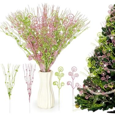 Imagem de Weysat 36 palhetas de árvore de Natal rosa e verde, 43 cm e 30,5 cm com glitter artificial, caules de baga encaracolados, palitos de árvore de Natal falsos, galhos para decoração de vaso de festa de