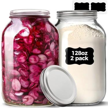 Imagem de ComSaf Potes De Vidro Mason 1 Galão, 2 Peças, 128 Oz Com Tampas, Recipientes Para Armazenamento Farinha E Açúcar, Grandes Picles, Alimentos Fermentados, Fermento Natural, Alimentos, Bebidas Caseiras