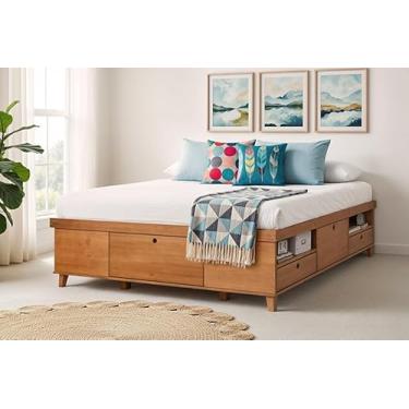 Imagem de Cama Casal de Madeira com Gavetas e Nichos Charme Meu Móvel de Madeira - Doce de Leite Escovado