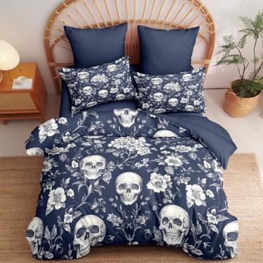 Imagem de CCoutueChen Conjunto de edredom Queen azul marinho gótico de caveira para mulheres, meninas, conjunto de colcha - 3 peças de microfibra macia e fofa com 2 fronhas (104 x 90)