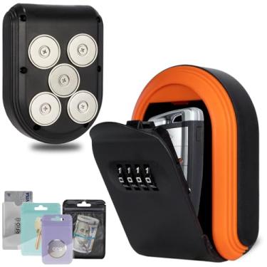 Imagem de Suporte magnético para chaves embaixo do carro, esconda uma chave do lado de fora com caixa de cadeado de combinação, cofre de código de segurança seguro redefinível com 5 ímãs fortes, caixa magnética