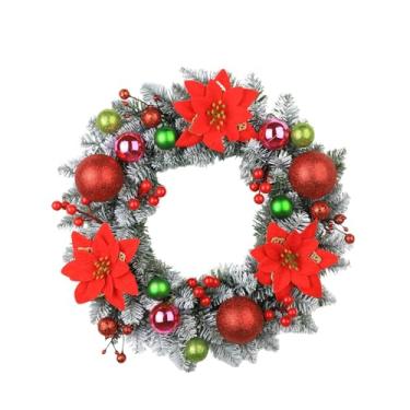 Imagem de Esquirla Guirlanda de Natal para Porta de Entrada com Bolas e Flores, Guirlanda Redonda de Inverno, Decoração de Natal para Escritório, Casamento, Janela e, Bolas Vermelhas