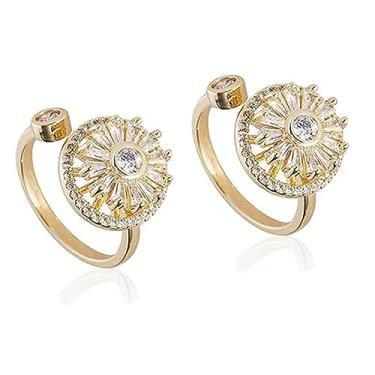 Imagem de Anel giratório para alívio da ansiedade com cristal dourado, 2 peças, anel giratório antiestresse ajustável, anel de esmalte giratório, anel aberto ajustável feminino, presente calmante discreto