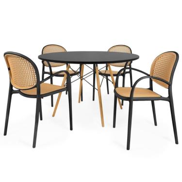 Imagem de Conjunto Mesa De Jantar Redonda Eiffel Preta 120cm Com 4 Cadeiras Roma Com Braço - Preto
